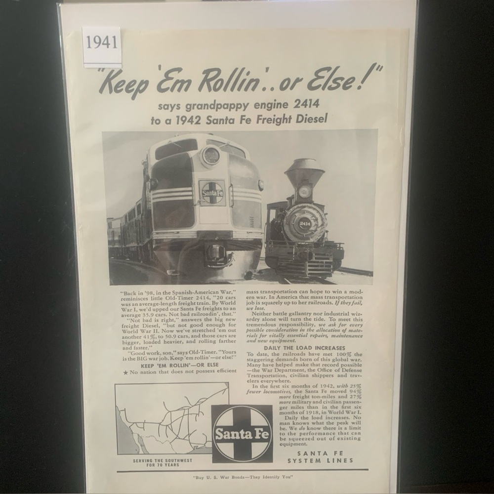 Vintage 1941 Santa Fe Rail Keep 'Em Rollin' Or Else Says Ad Advertisement